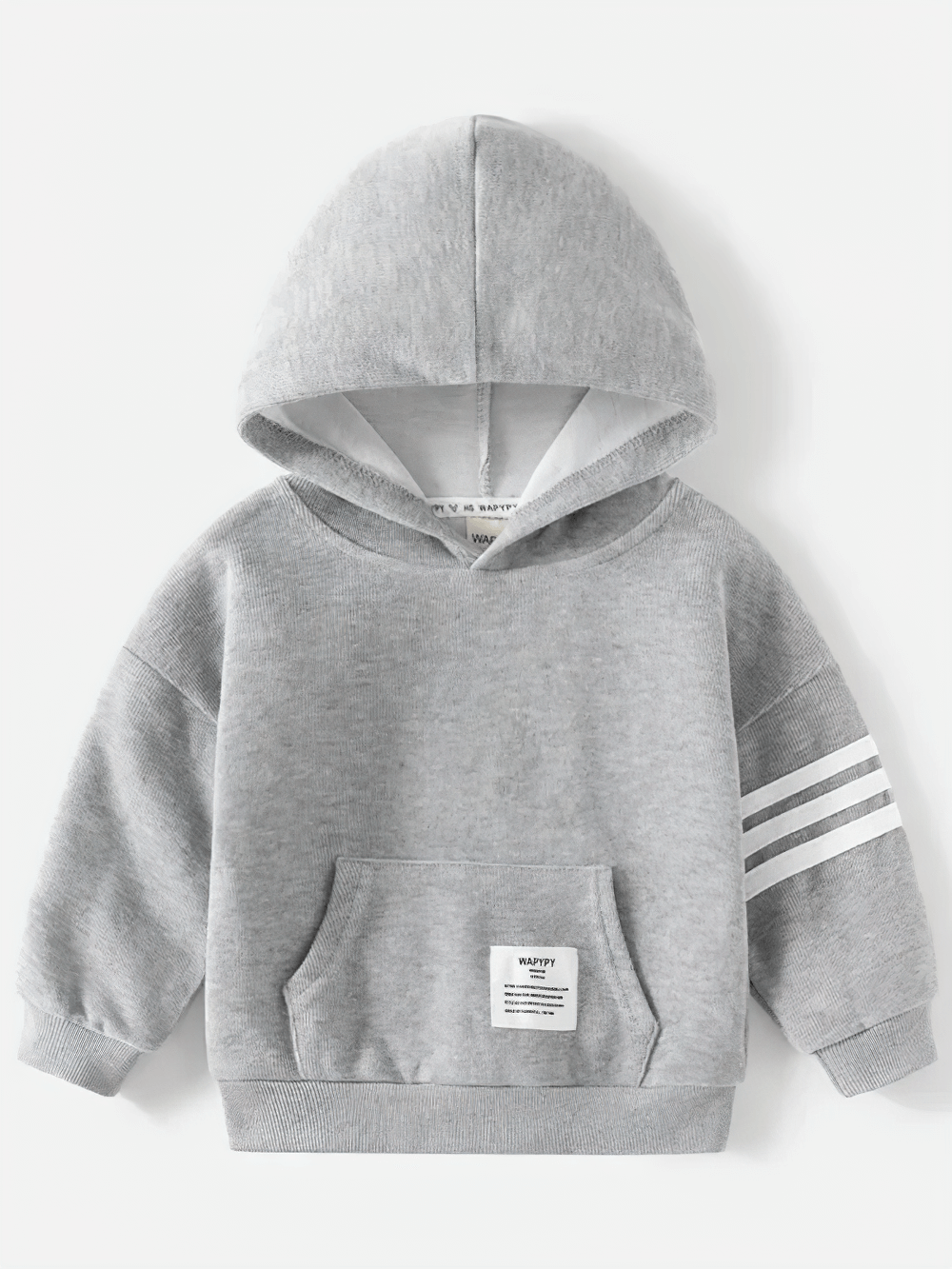 Trendy gray kids' hooded sweatshirt with white stripes, fleece-lined interior for warmth and comfort, perfect for boys and girls, SF3101.